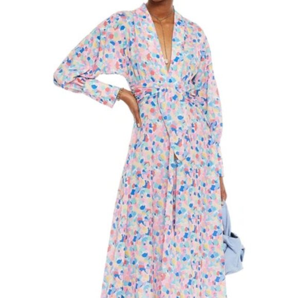 Paloma Blue Bronte Crepe de chine Tie Waist deep V Midi Dress Confetti print M - Picture 1 of 9